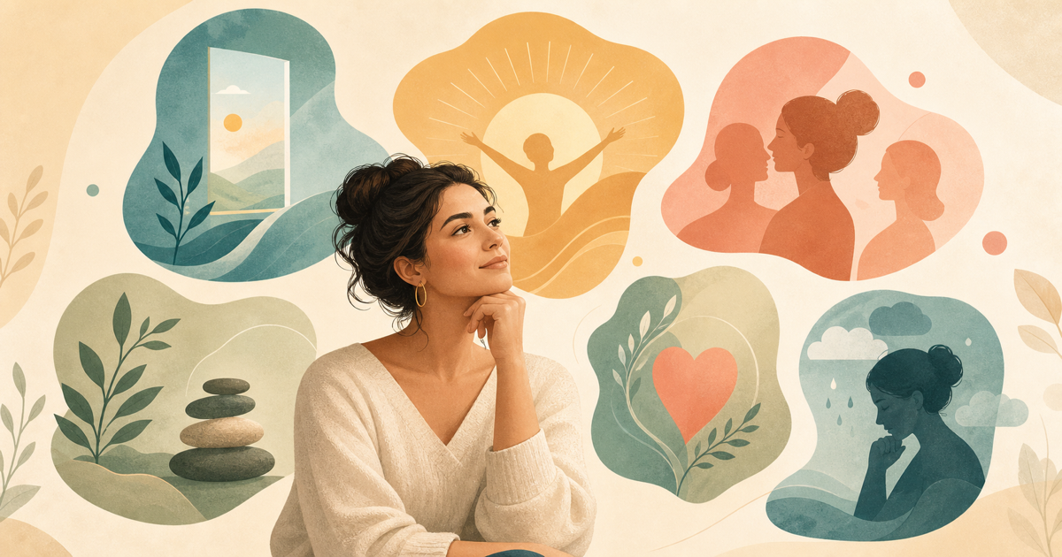 A thoughtful person surrounded by five illustrations representing the dimensions of personality