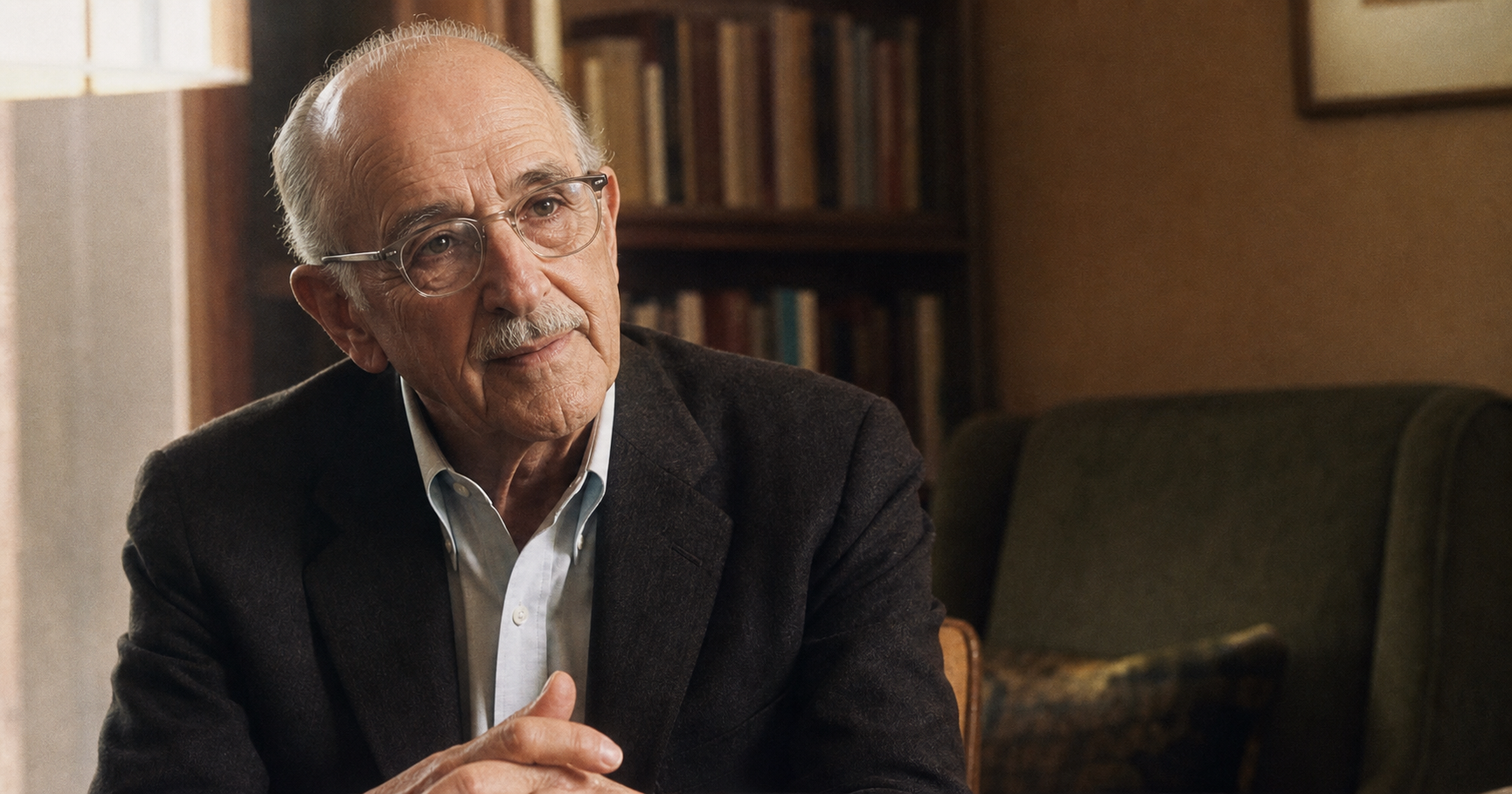 Portrait éditorial réaliste de Carl Rogers dans un cabinet chaleureux, assis devant une bibliothèque