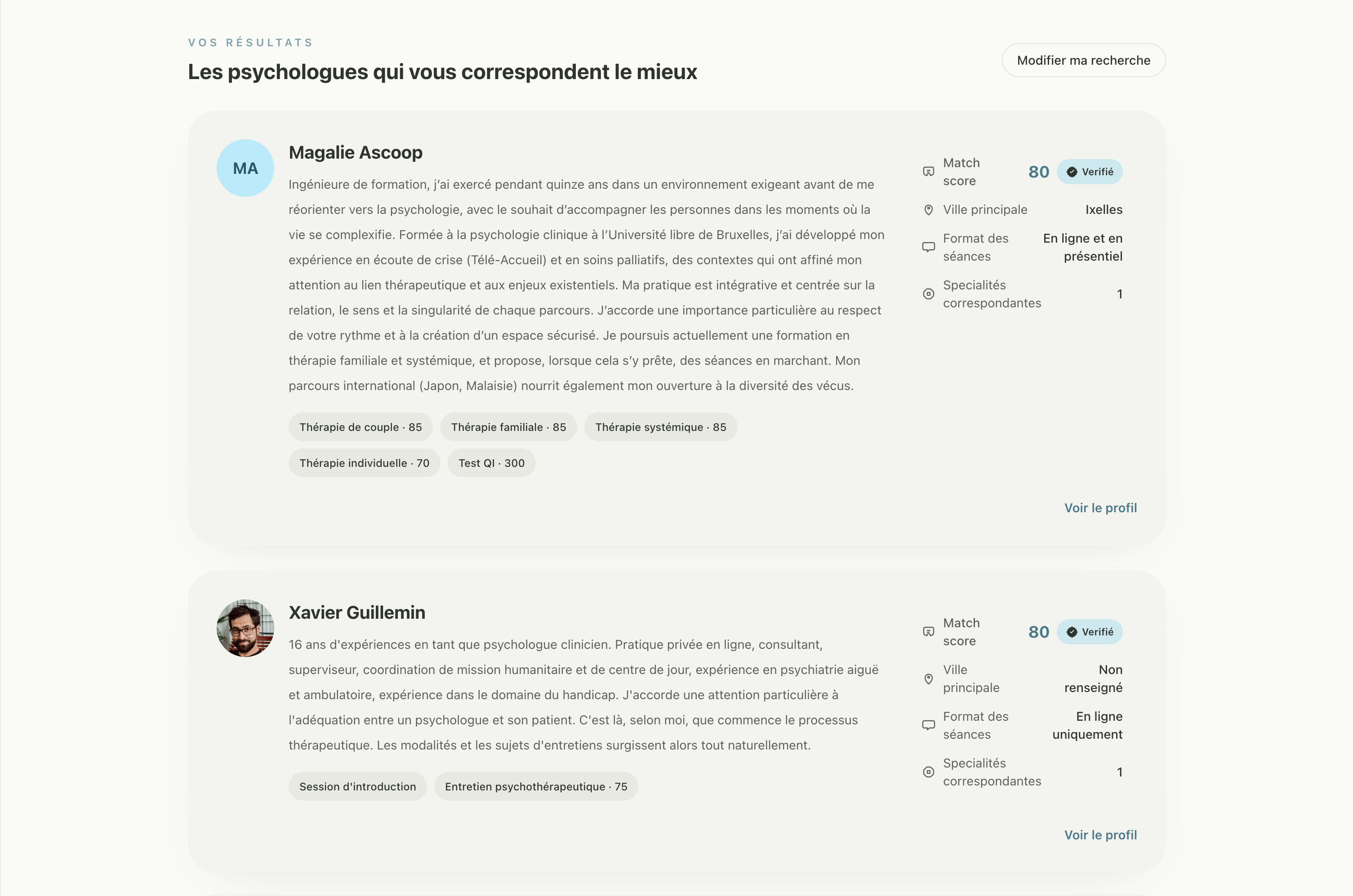 Aperçu de l’outil de matching entre patients et psychologues proposé par Yachay