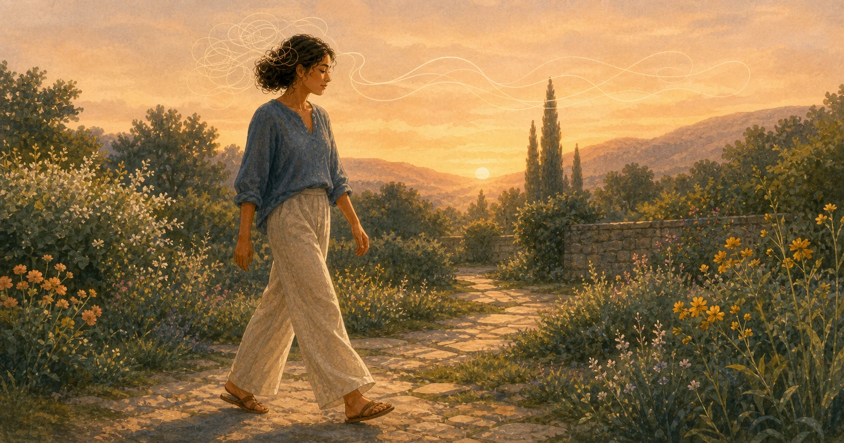 Une personne marche dans un jardin au coucher du soleil, entourée de lignes évoquant ses pensées