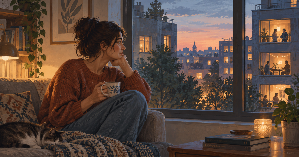 Une femme assise près de sa fenêtre observe les lumières chaleureuses des appartements voisins au crépuscule
