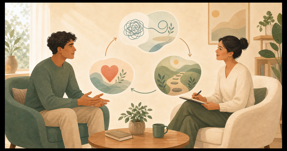 Een psycholoog en patiënt verkennen tijdens een CGT-sessie samen de wisselwerking tussen gedachten, emoties en gedrag