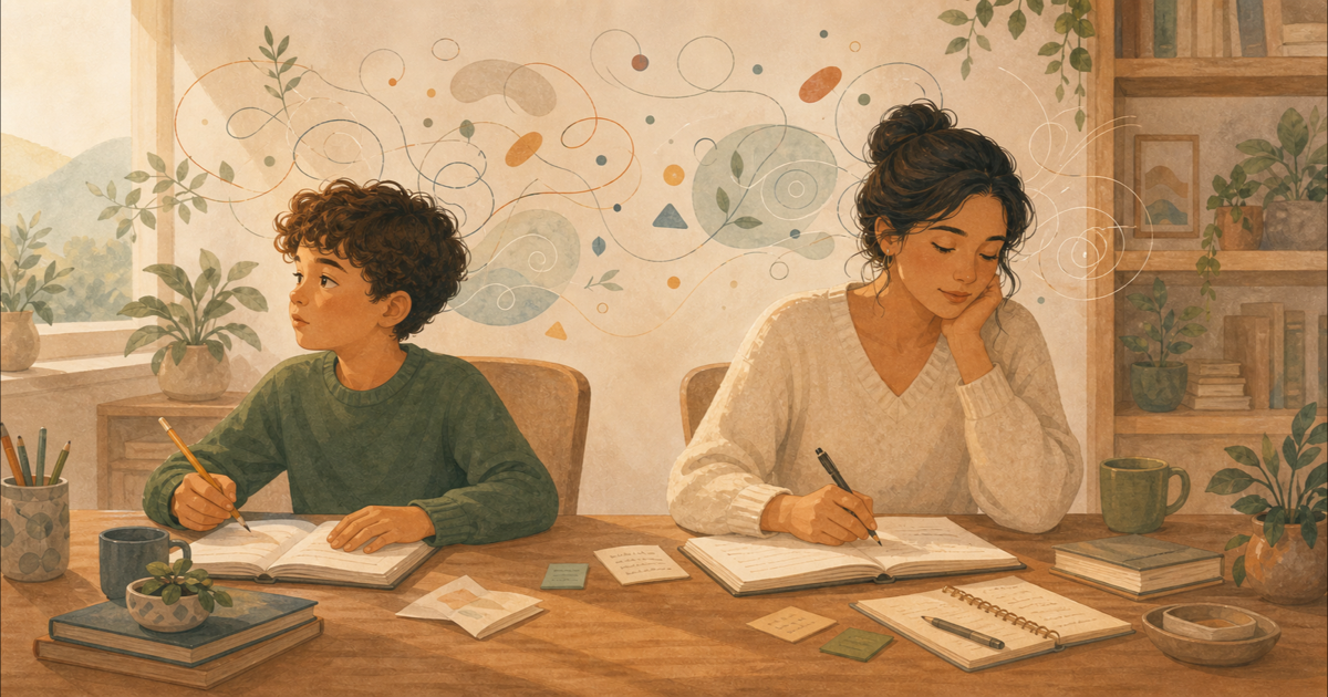 Illustration d’un enfant et d’une adulte travaillant côte à côte, entourés de lignes évoquant une attention en mouvement